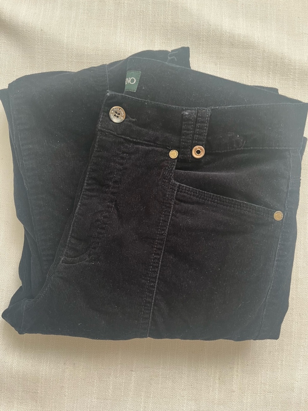Golfino Ladies Black Corduroy Trousers with side pockets. Size 8.